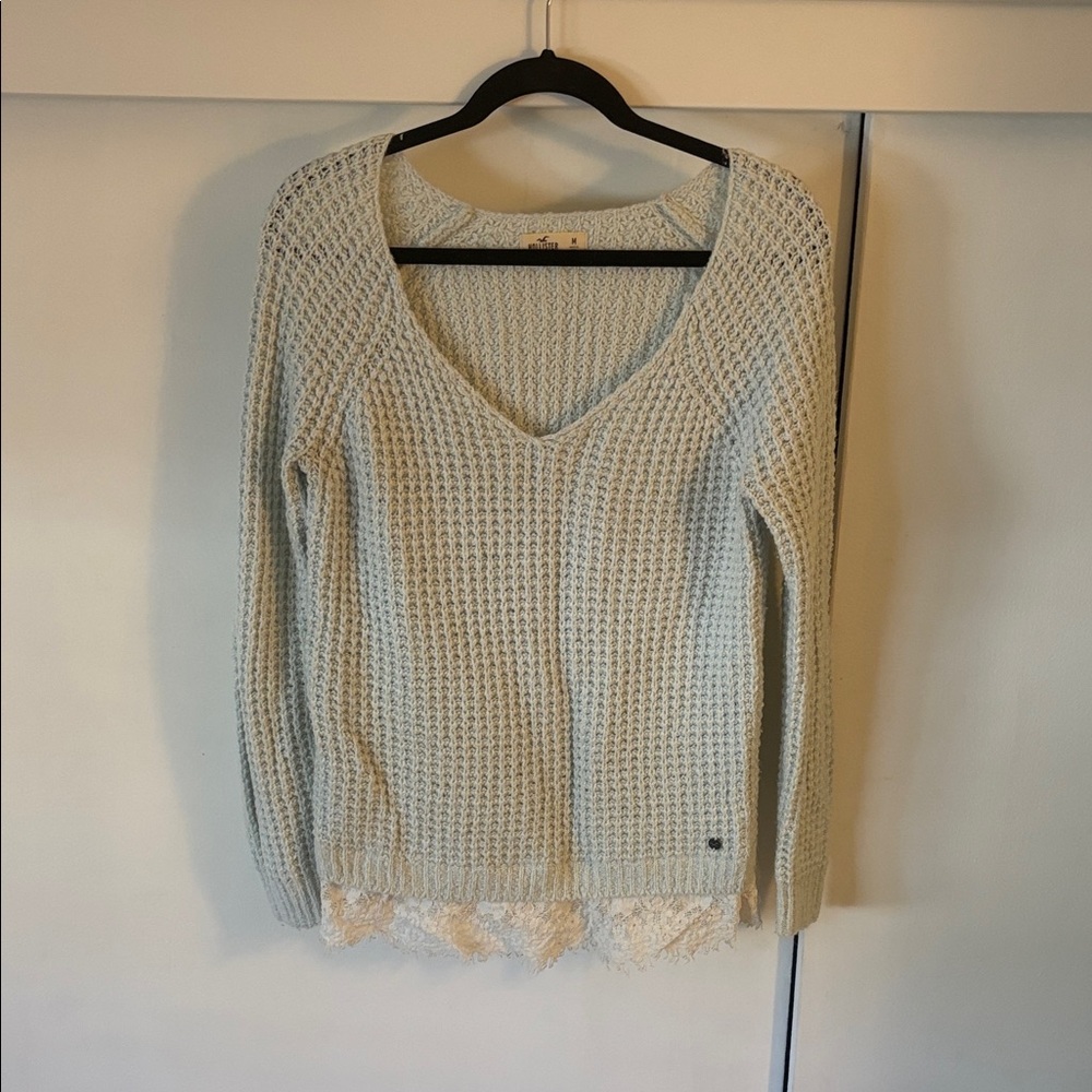 Women's Blue Knit Sweater with Lace Hem